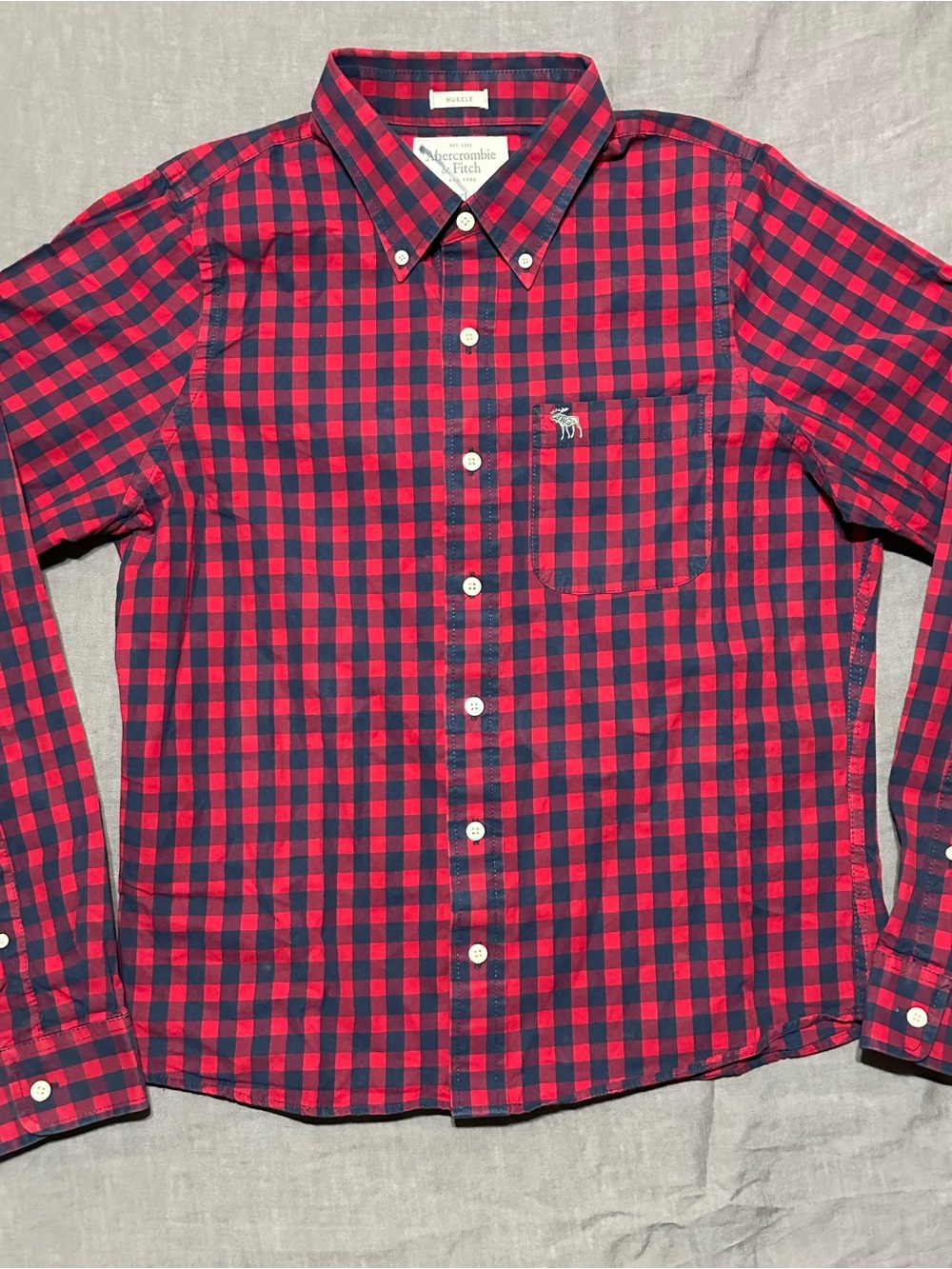 Abercrombie & Fitch Red and Navy Check Button-Down Shirt
